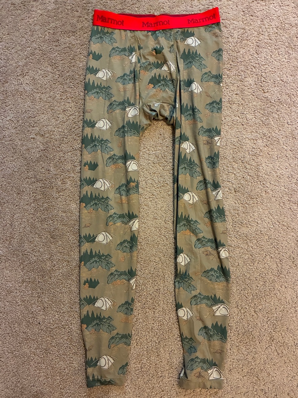 Marmot S Men’s Olive Green Tent-Print Base Layer Bottoms Thermals